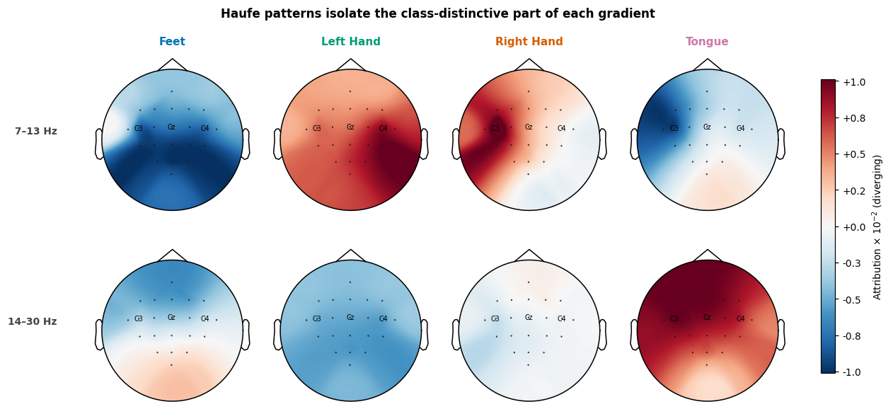 Haufe patterns isolate the class-distinctive part of each gradient, Feet, Left Hand, Right Hand, Tongue