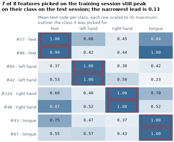 7 of 8 features picked on the training session still peak on their class on the test session; the narrowest lead is 0.13, Mean test code per class, each row scaled to its maximum; outline: the class it was picked for