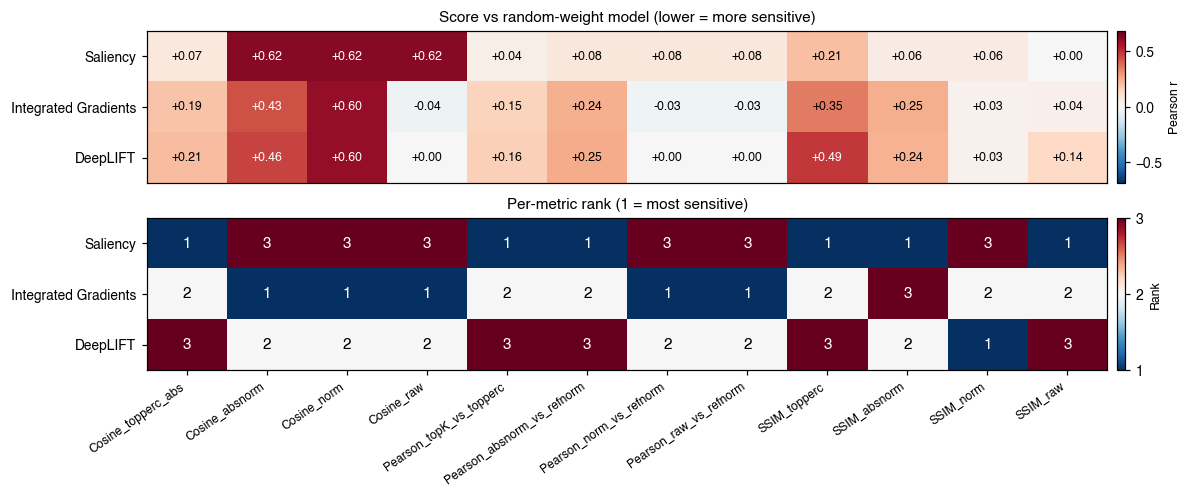 Score vs random-weight model (lower = more sensitive), Per-metric rank (1 = most sensitive)